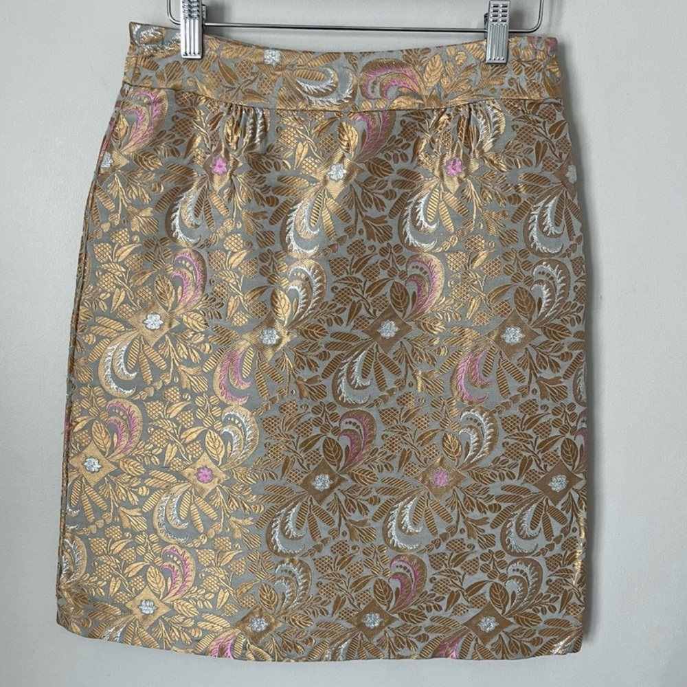 Vtg Anthropologie Elevenses Champagne Gold Silver Metallic Jacquard Skirt Size 2